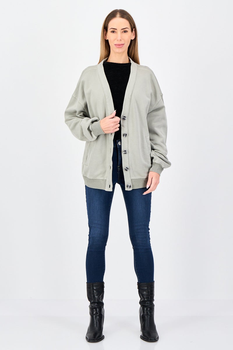 Lime Women V-Neck Solid Long Sleeve Sweatshirt, Sage Green - Image 4